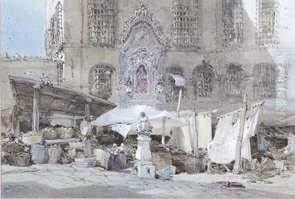 Piazza Di Pescheria, Genoa Oil Painting by William Callow