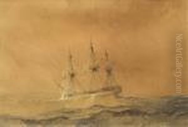 Three Mastedsailing Ship In A Swell Oil Painting by William Callow