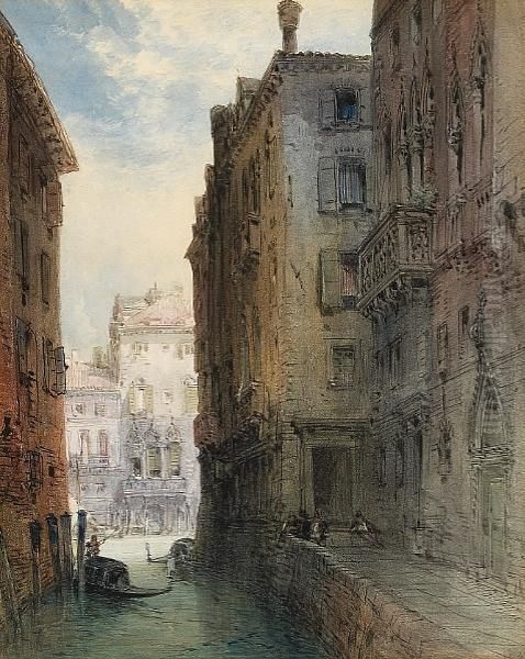 A Venetian Canal Scene With A Gondola And Figures In The Foreground Oil Painting by William Callow