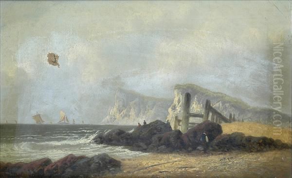 Thecornish Coast, Figures Seated On A Rock, Sailing Boats Beyond Oil Painting by William Callow