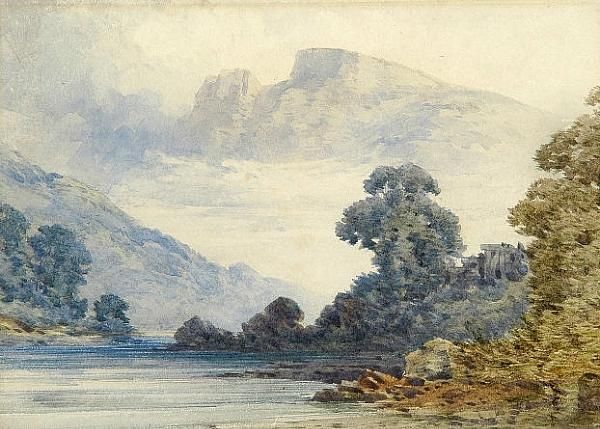 River In A Mountainous Landscape Oil Painting by William Callow