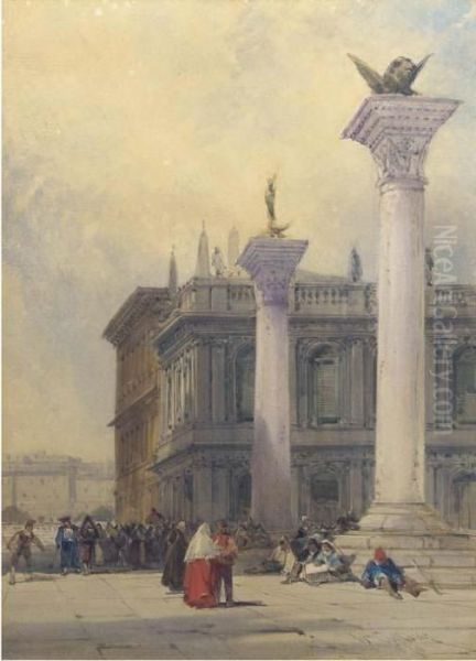 Venetian Figures Gathered Around The Columns At San Marco Square,venice Oil Painting by William Callow