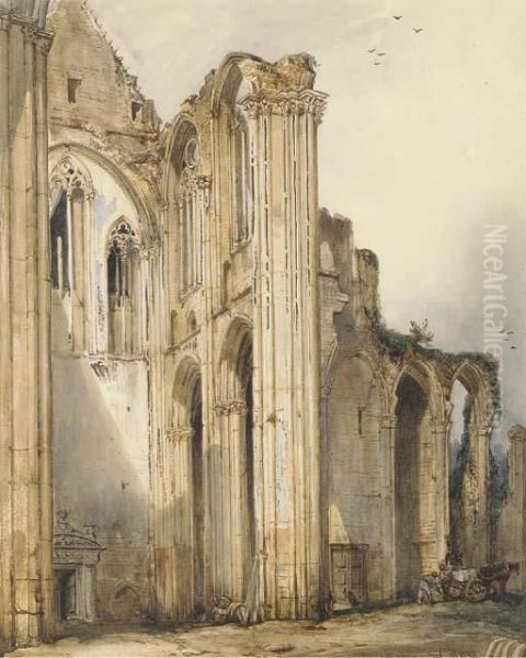 Labourers Loading A Cart In The Ruins Of The Benedictine Abbey Ofst. Vandrille Oil Painting by William Callow