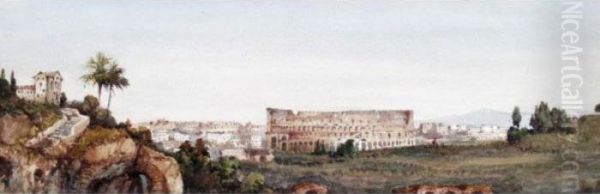 View Of The Coliseum, Rome; Road To Bethany, Jerusalem Oil Painting by Gabriele Carelli