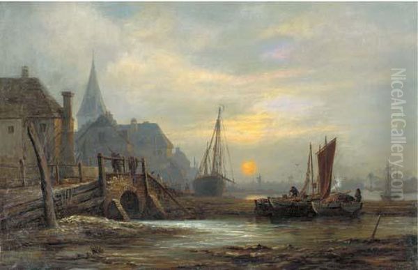 A Dutch River Scene, Evening Oil Painting by John Wilson Carmichael