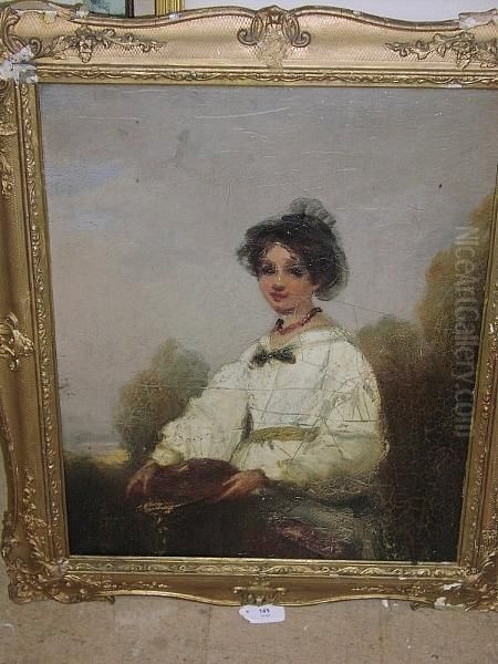 Portrait Of A Girl In A White 
Dress Holding A Basket, Three-quarter Length, Landscape Beyond Oil Painting by George Chinnery