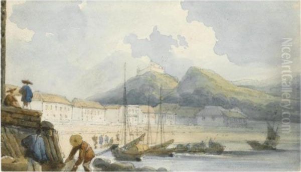 Chinese Boatmen At Macao; Indian Women Washing At The Banks Of A River ( Oil Painting by George Chinnery