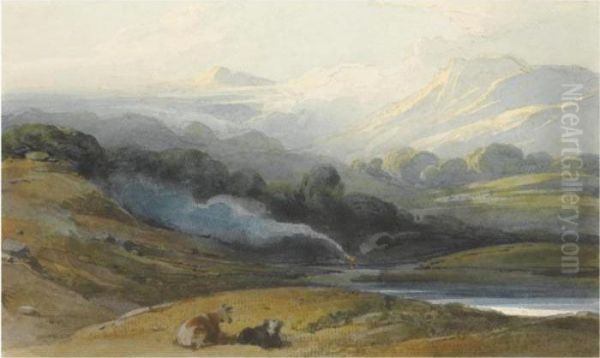 Cattle Resting In A Mountainous Landscape Oil Painting by George Chinnery