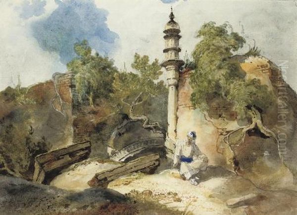 A Bengal Landscape With The Ruins Of A Mosque Oil Painting by George Chinnery