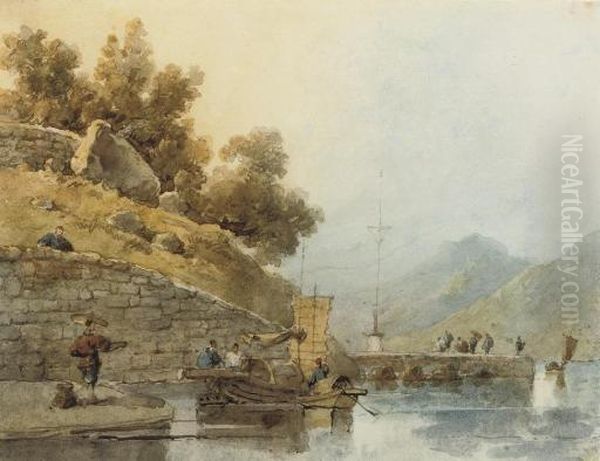 Figures And Sampans By The Ma-kok Temple, Macao Oil Painting by George Chinnery