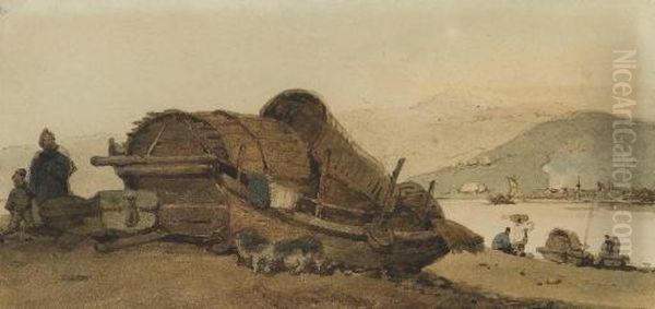 Beached Sampan With Figures And Sway Back Pigs, Macau Beyond Oil Painting by George Chinnery