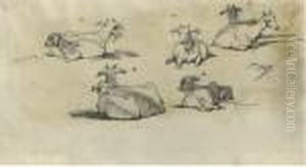 Study Of Goats (illustrated); Figures In A Landscape; And Cattle Before A Barn Oil Painting by George Chinnery