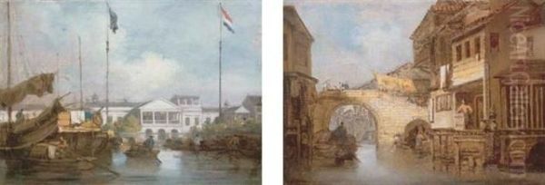 The British And Dutch Factories At Canton; And Canal And Bridge At Honam, Canton Oil Painting by George Chinnery