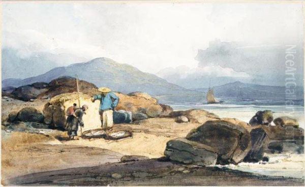 Chinese Fishermen On The Shore With Their Catch Oil Painting by George Chinnery