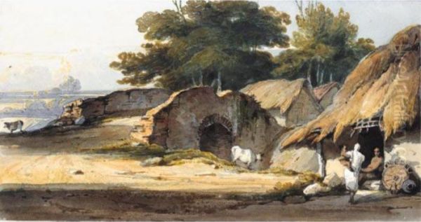 Indian Figures By A Hut With Cattle And A Bridge Nearby Oil Painting by George Chinnery