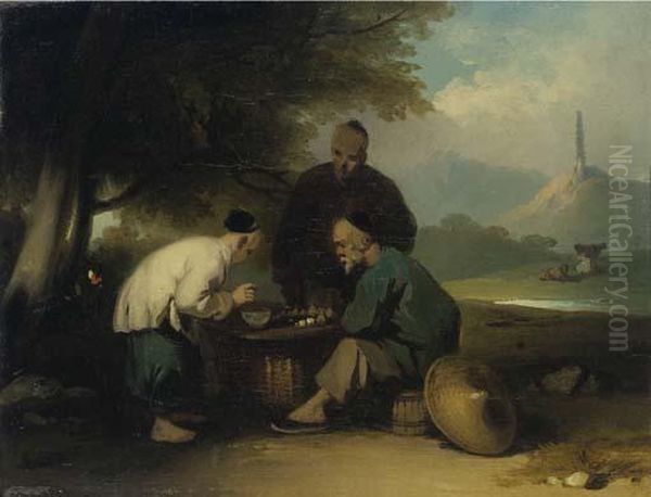 Chinese Gaming At A Table, A Pagoda On A Hill Beyond Oil Painting by George Chinnery