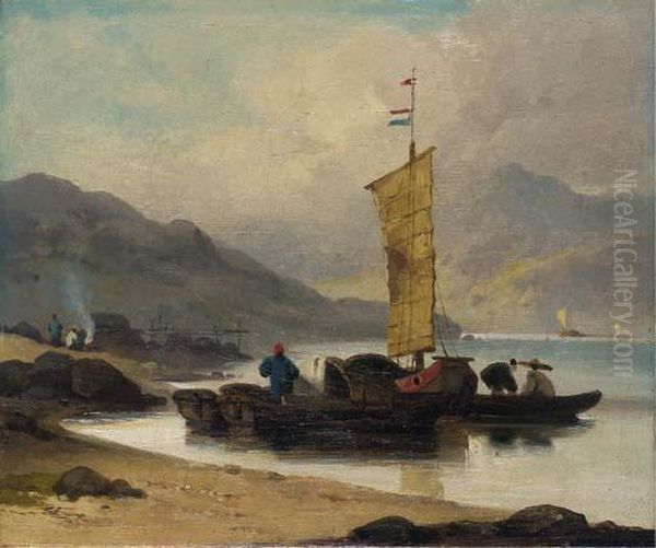 A Junk And Tanka Boats By The Shore, Macao Oil Painting by George Chinnery