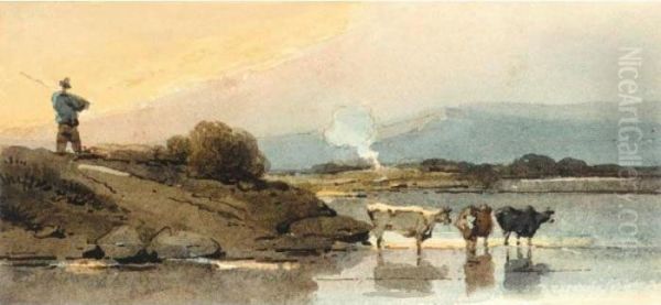 An Indian Herdsman On A Bank, Cattle Watering In A River Below Oil Painting by George Chinnery