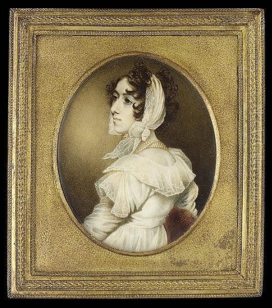 Marian Greer (d.1814), Seated On
 A Red Upholstered Chair, Wearing White Dress With Spotted Gauze 
Sleeves, Large Embroidered Collar And Shoulder Caps, Four Strand Pearl 
Necklace And Embroidered White Scarf Tied About Her Head by George Chinnery