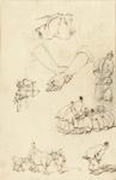 Studies Of Chinese Figures With Cattle Oil Painting by George Chinnery