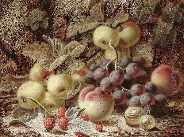 Still Life Of Fruit On A Mossy Bank Oil Painting by Oliver Clare