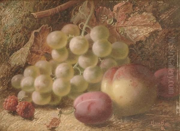 Still Life Of Grapes, Raspberries, Plums And A Peach On A Mossy Bank Oil Painting by Oliver Clare