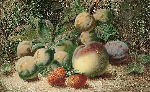 Still Life Of Fruit On A Bank; Still Life Of Raspberries, Apples And Gooseberries Oil Painting by Oliver Clare