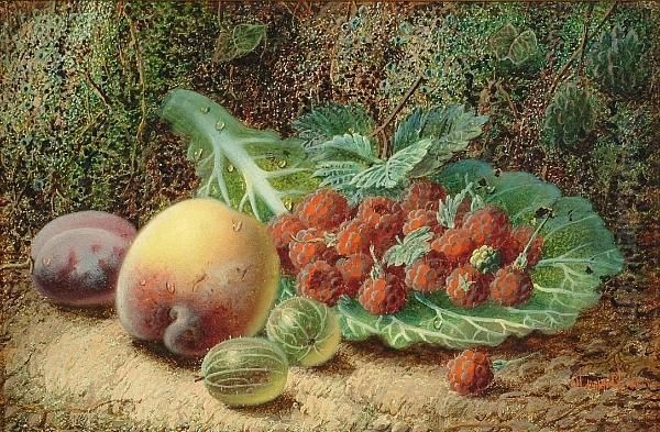 Still Life Of Raspberries, A Peach, Plum And Gooseberries Oil Painting by Oliver Clare