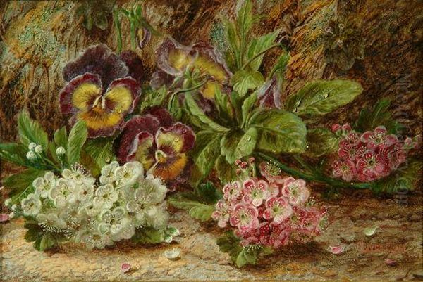 Still Life - Primroses And Pansies On An Earthy Bank Oil Painting by Oliver Clare