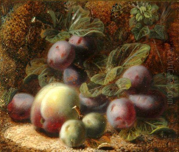 Still Life - A Bunch Of Grapes, 
Peaches, Gooseberries And A Strawberry On An Earthy Bank, Signed Oil Painting by Oliver Clare