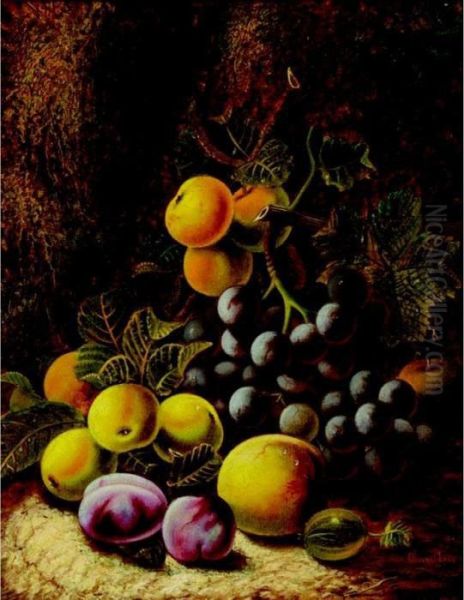 Still Life With Grapes, Plums And Peaches; Still Life With Raspberries And Plums Oil Painting by Oliver Clare