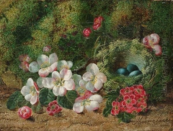 Still Life Of Fruit On A Mossy 
Bank; Still Life Of Flowers And A Bird's Nest On A Mossy Bank Oil Painting by Oliver Clare