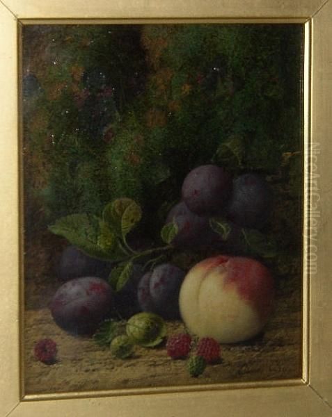 Plums, Gooseberries, Raspberries And A Peach Against A Mossy Bank Oil Painting by Oliver Clare