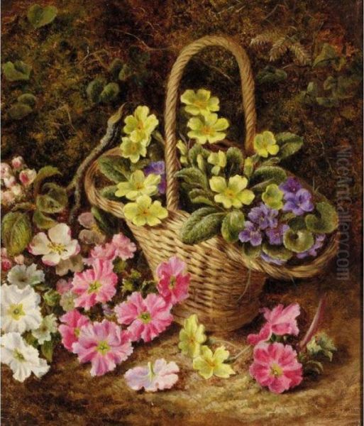 Still Life With Basket And Spring Flowers Oil Painting by Oliver Clare