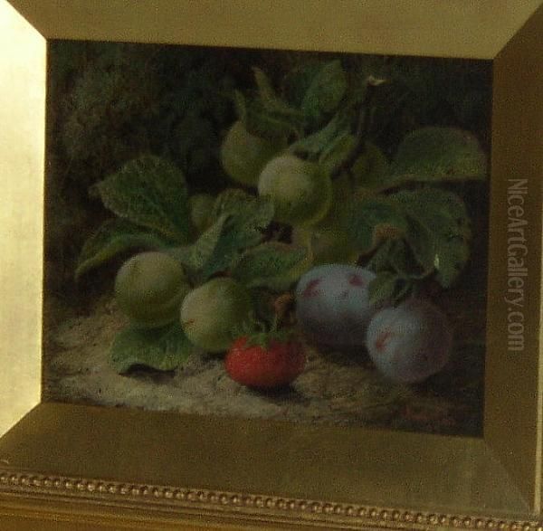 Greengages, Plums And A Strawberry Against A Mossy Bank Oil Painting by Oliver Clare