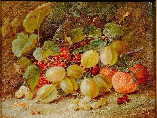 A Still Life With A Pear And Raspberries On A Mossy Bank Oil Painting by Oliver Clare