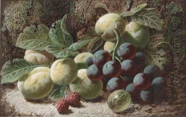 Grapes, Greengages, Raspberries,
 And A Gooseberry, On A Mossy Bank;and Plums, Whitecurrants, A Peach And
 A Strawberry, On A Mossybank Oil Painting by Oliver Clare