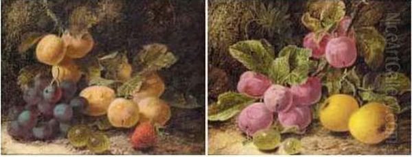 Apples And Plums; Grapes And Plums Oil Painting by Oliver Clare