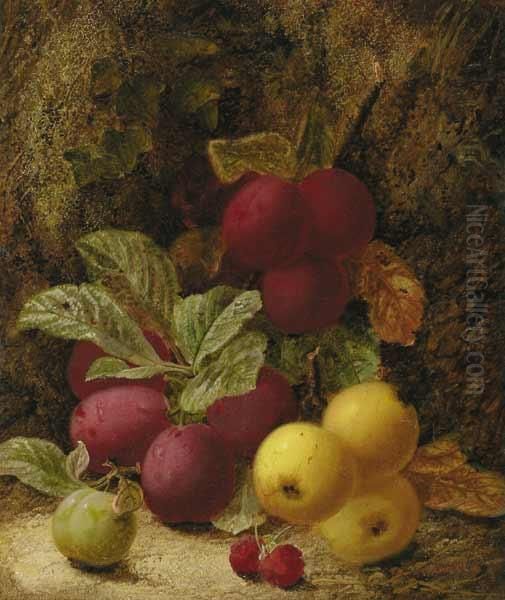 Still Life With Plums, Apples And Raspberries Oil Painting by Oliver Clare