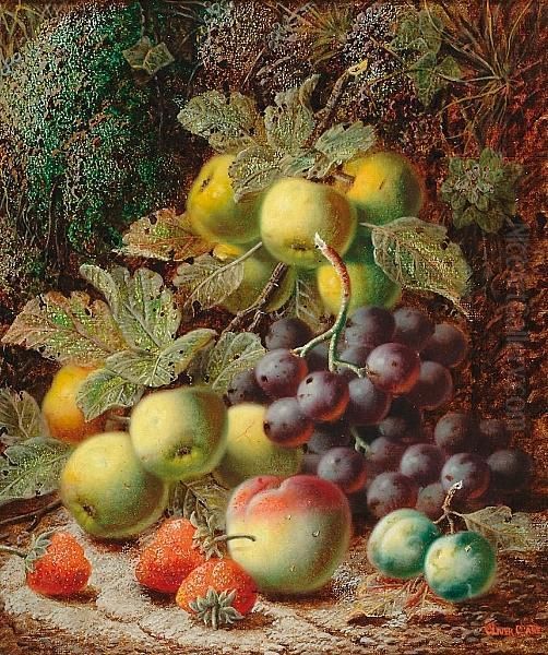 Still Life Of Mixed Fruit On A Mossy Bank Oil Painting by Oliver Clare