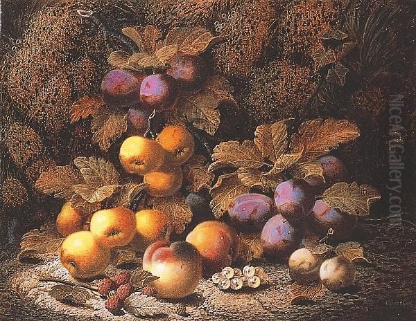 Plums, Apples, Peaches, Raspberries White Currants And Greengages Oil Painting by Oliver Clare