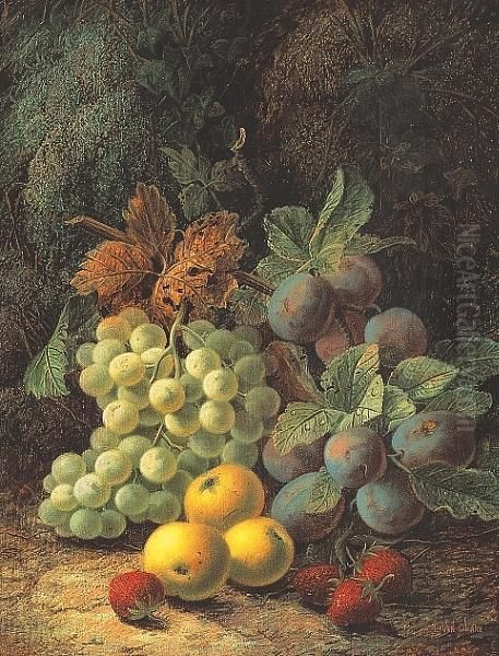 Green Grapes, Plums, Apples And Strawberries Against A Mossy Bank Oil Painting by Oliver Clare