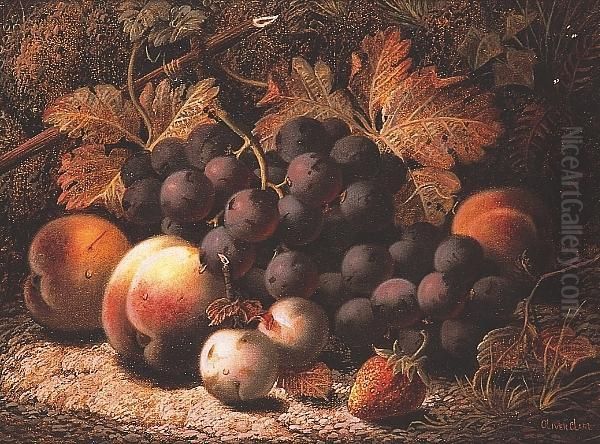 Black Grapes, Peaches, Greengages And A Strawberry Against A Mossy Bank Oil Painting by Oliver Clare