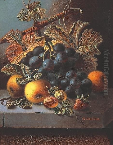 Green Grapes, Plums, Raspberries And A Peach On A Stone Ledge Oil Painting by Oliver Clare