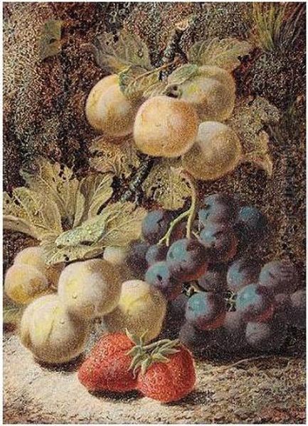 Still Life Of Plums, Grapes And Strawberries Oil Painting by Oliver Clare