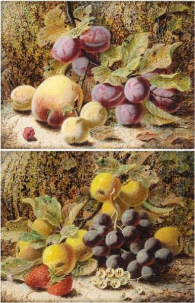 Apples, Grapes And Strawberries; Peach And Plums Oil Painting by Oliver Clare