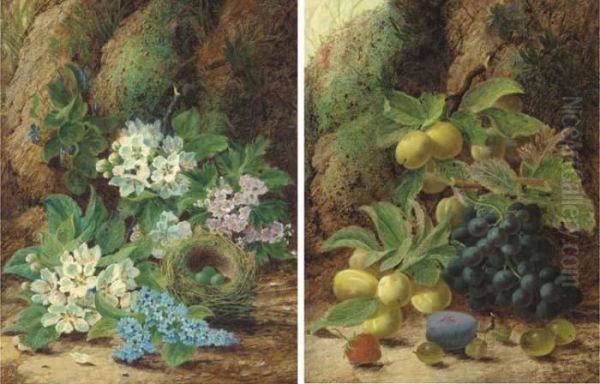 Primroses And Apple Blossom, A 
Bird's Nest With Eggs, On A Mossy Bank; And Grapes, Plums, Gooseberries,
 A Plum And A Strawberry, On A Mossy Bank Oil Painting by Oliver Clare