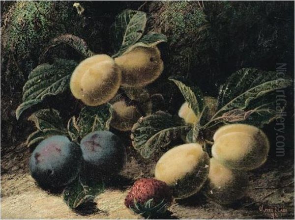 Still Life Of Plums And A Strawberry Oil Painting by Oliver Clare