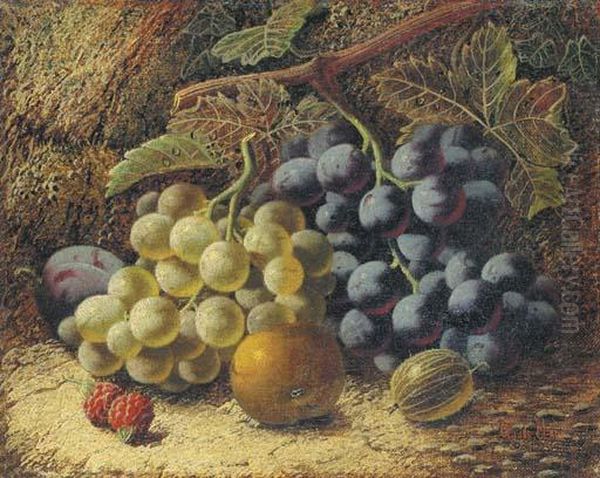 Grapes, Raspberries, A Plum, An Apple And A Gooseberry On Abank Oil Painting by Oliver Clare