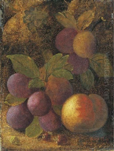 Plums, A Peach And Raspberries Oil Painting by Oliver Clare